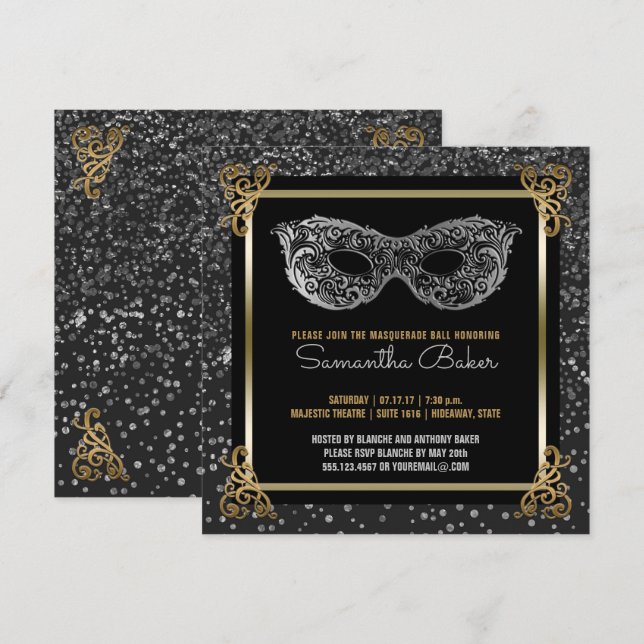 Invitación Oro de plata del dulce 16 de la bola de mascarada (Anverso / Reverso)