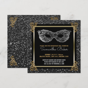 Invitación Oro de plata del dulce 16 de la bola de mascarada
