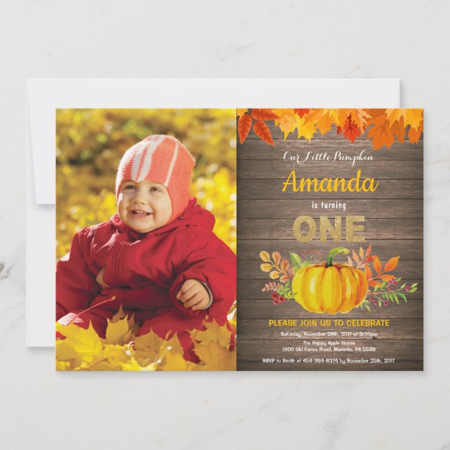 Invitación Oro de primer cumpleaños de la caída de calabaza r (Anverso)