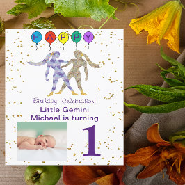 Invitación Oro de primer cumpleaños, globos y foto de Gemini