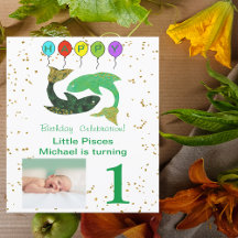 Oro de primer cumpleaños, globos y foto de Pisces