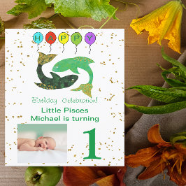 Invitación Oro de primer cumpleaños, globos y foto de Pisces