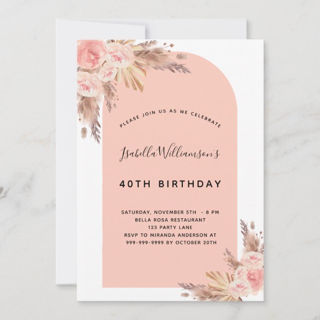 Invitación Oro de rosa de pasto rosa de pampas de cumpleaños (Anverso)