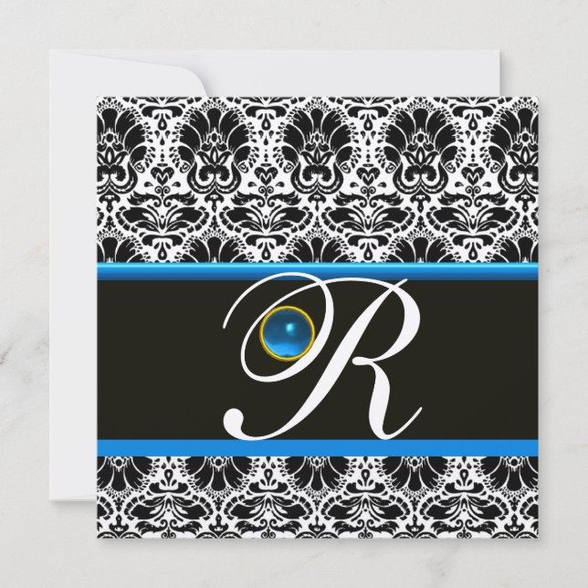 Invitación Oro de zafiro BLANCO NEGRO AZUL DAMASK (Anverso)