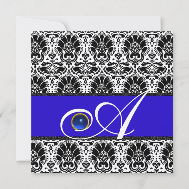 Invitación Oro de zafiro BLANCO NEGRO AZUL DAMASK (Anverso)