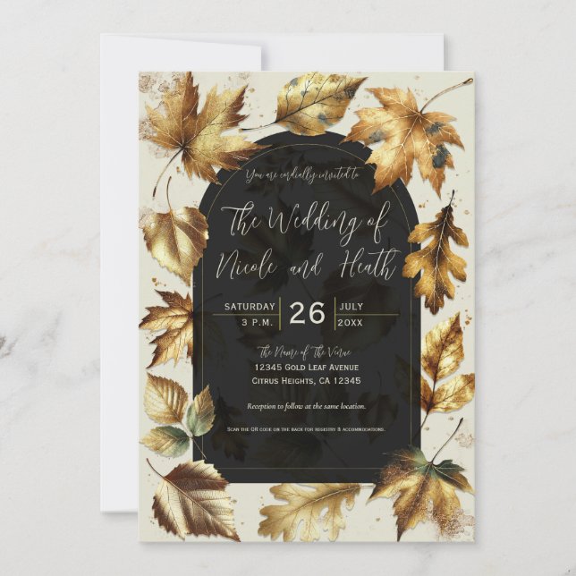 Invitación Oro deja almendra crema beige negro boda de otoño (Anverso)