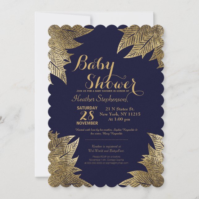 Invitación Oro deja en la Marina Blue Baby Shower (Anverso)