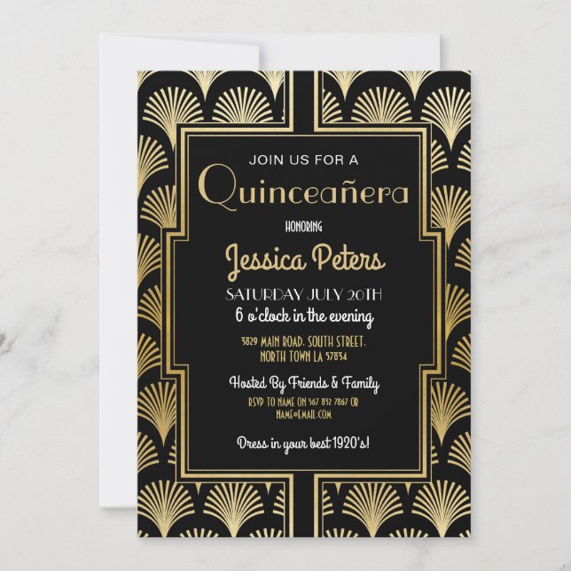 Invitación Oro del art déco de Gatsby de la fiesta de (Anverso)