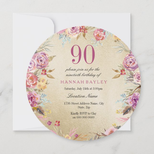Invitación Oro del País Floral Rosa 90 cumpleaños (Anverso)