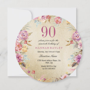 Invitación Oro del País Floral Rosa 90 cumpleaños