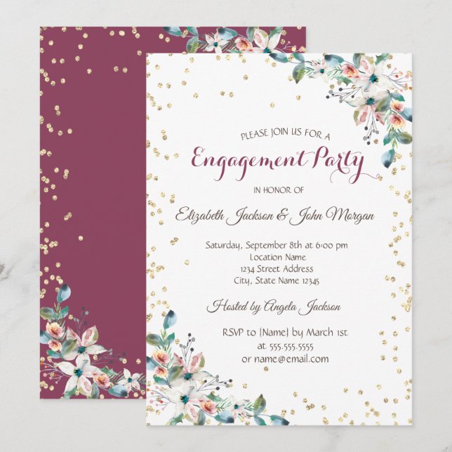 Invitación Oro Diamantes Borgoña Flores  Compromiso (Anverso / Reverso)
