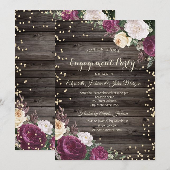 Invitación Oro Diamantes Borgoña Flores Madera (Anverso / Reverso)