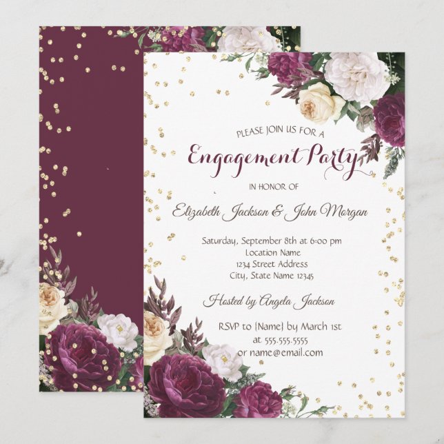 Invitación Oro Diamantes Burdeos Floral Compromiso (Anverso / Reverso)