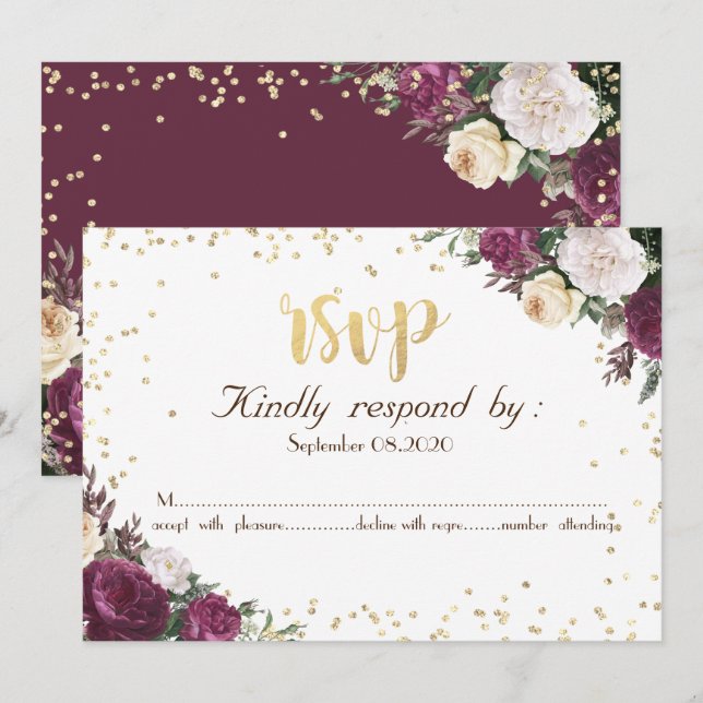 Invitación Oro Diamantes Burdeos Floral RSVP (Anverso / Reverso)