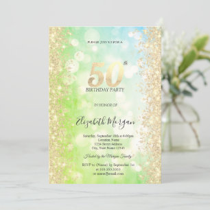Invitación Oro Diamantes Verde Azul Bokeh Cumpleaños 50
