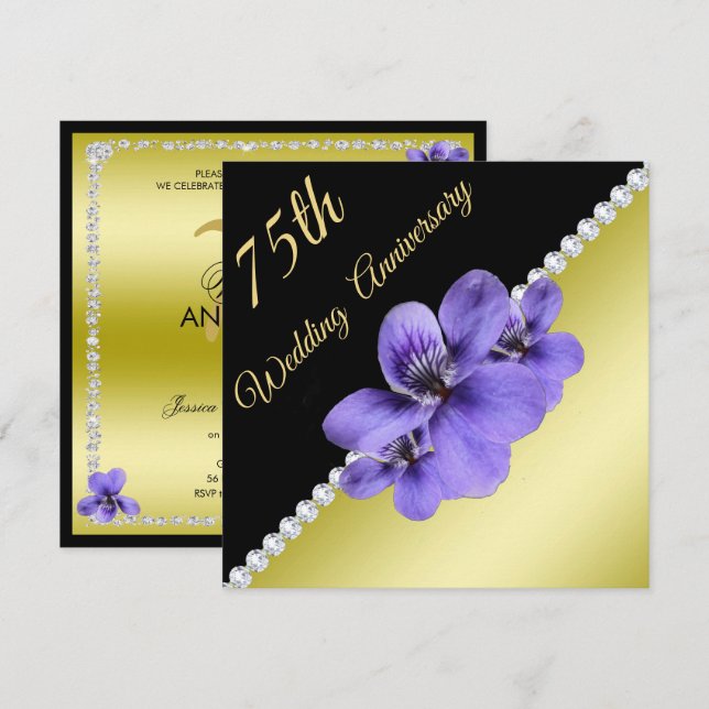 Invitación Oro, diamantes y violetas 75° aniversario Boda (Anverso / Reverso)
