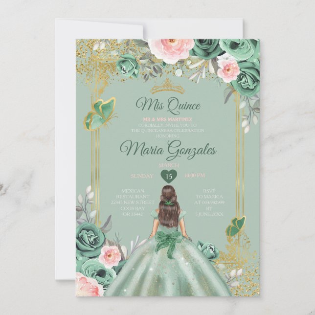 Invitación Oro Dusty Verde Rosa Mis Quince 15 Anos (Anverso)