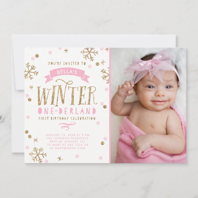 Invitación Oro e invierno rosa Onederland Primera foto de cum (Anverso)