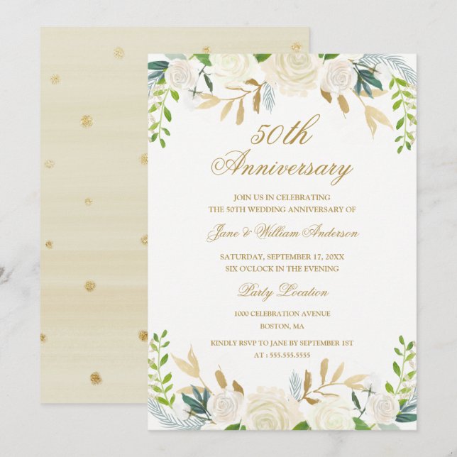 Invitación Oro Elegante Acuarela Floral Boda Aniversario (Anverso / Reverso)