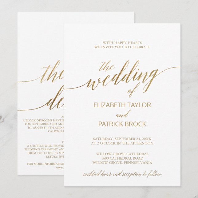 Invitación Oro elegante | Boda de la hora del cóctel y de los (Anverso / Reverso)