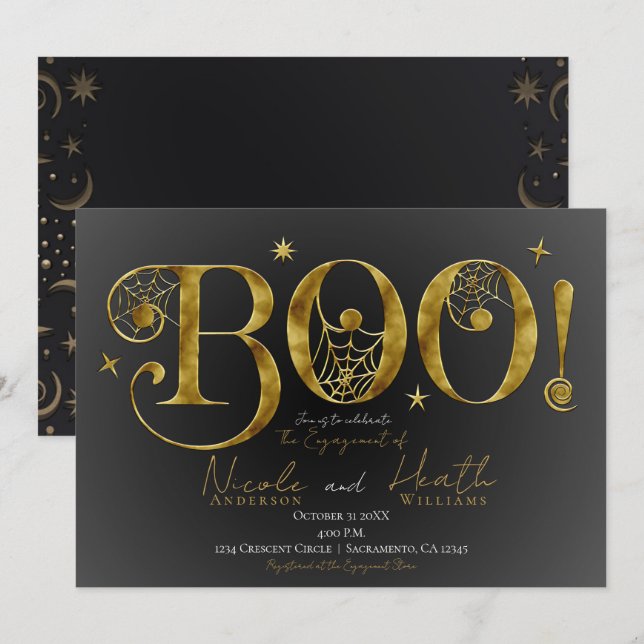 Invitación Oro Elegante BOO Mágico Halloween Compromiso (Anverso / Reverso)