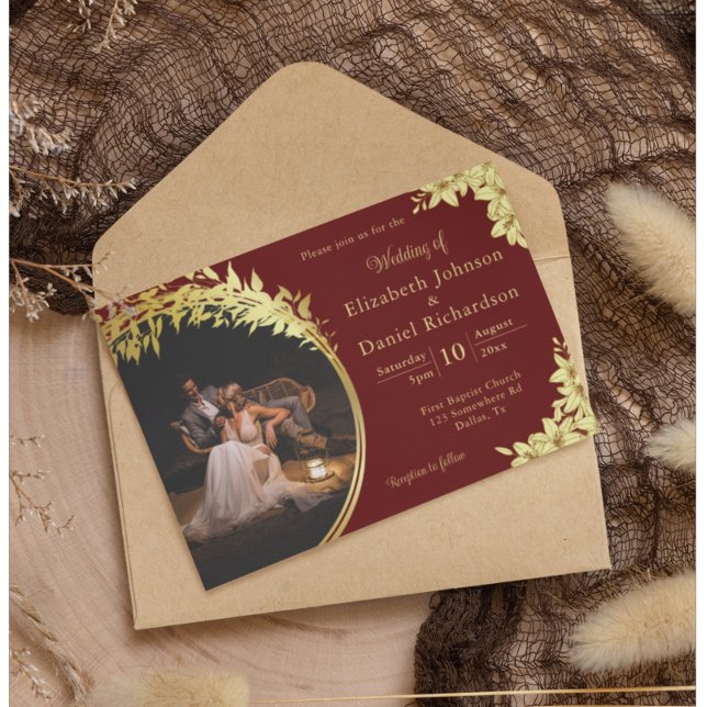 Invitación Oro elegante, Borgoña con Boda de fotos de los lir (Subido por el creador)