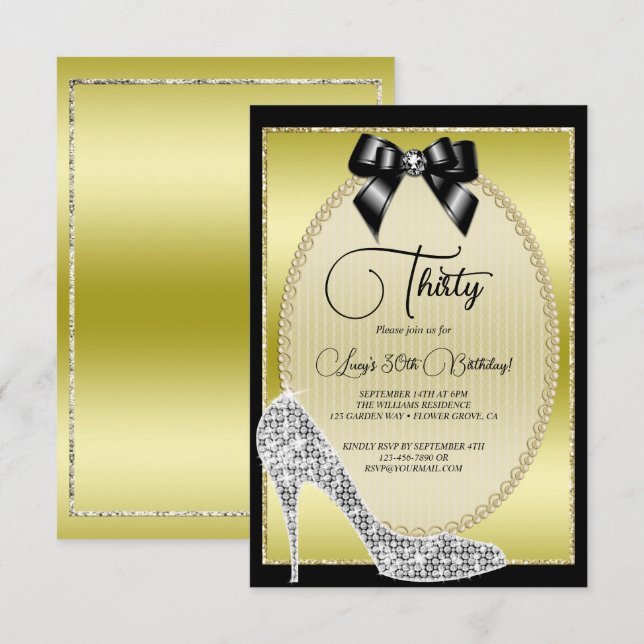 Invitación Oro elegante, Bow negro y cumpleaños de Stiletto (Anverso / Reverso)