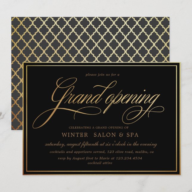 Invitación oro elegante de caligrafía Gran Apertura (Anverso / Reverso)