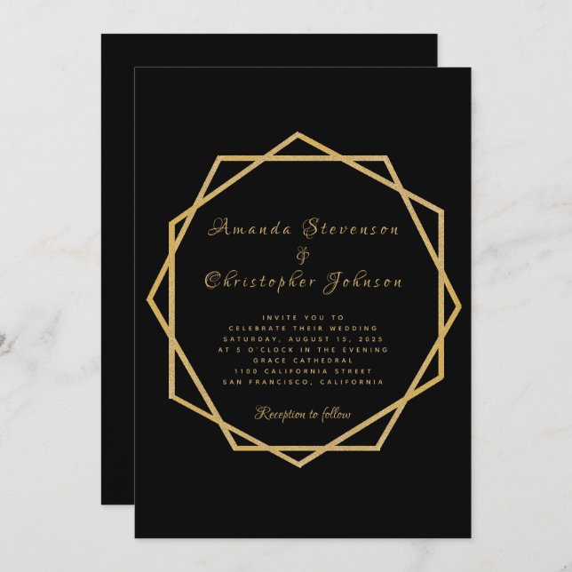 Invitación Oro elegante en Boda geométrico moderno negro (Anverso / Reverso)