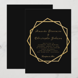 Invitación Oro elegante en Boda geométrico moderno negro
