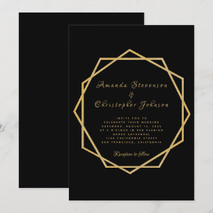 Invitación Oro elegante en Boda geométrico moderno negro