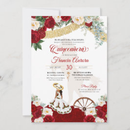 Invitación Oro elegante floral blanco rojo - Charro Quinceane