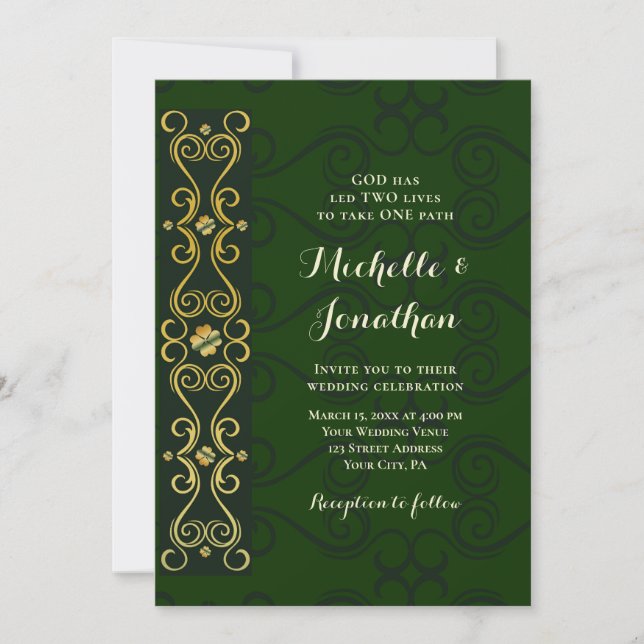 Invitación Oro elegante irlandés sobre Boda cristiano verde o (Anverso)