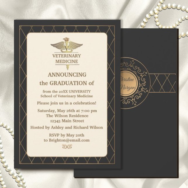 Invitación Oro Elegante Ornate Romántico Medicina Veterinaria (graduation #veterinarymedicine#gradparty #zazzleinvitation #classic #vintage #gold #cap #capgrad)