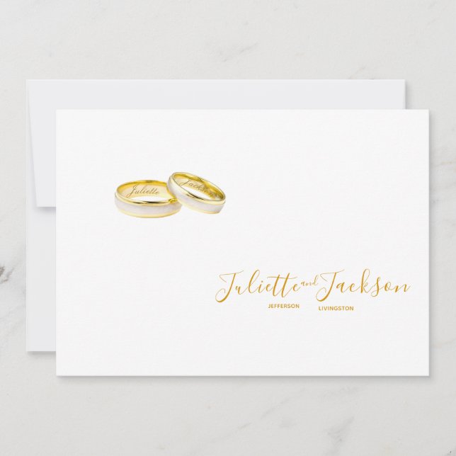 Invitación Oro elegante sobre blanco| anillos bodas personali (Anverso)