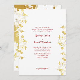 Invitación Oro elegante y flor de cerezo blanca Oriental