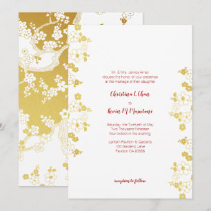 Invitación Oro elegante y flor de cerezo blanca Oriental