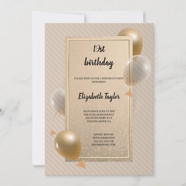 Invitación oro elegante y negro con cumpleaños de globos (Anverso)