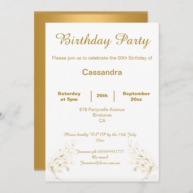 INVITACIÓN ORO ELEGANTE Y PERSONALIZADO BLANCO CUMPLEAÑOS (Anverso / Reverso)