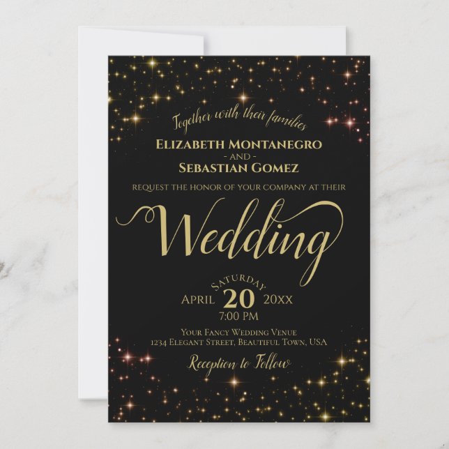 Invitación Oro en Boda de la noche de Black Starry Skies (Anverso)