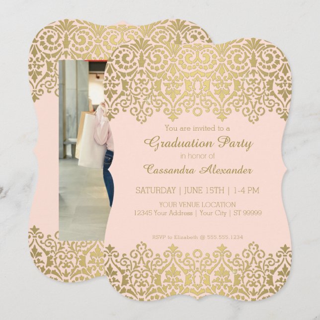 Invitación Oro en la fiesta de graduación elegante de encaje  (Anverso / Reverso)