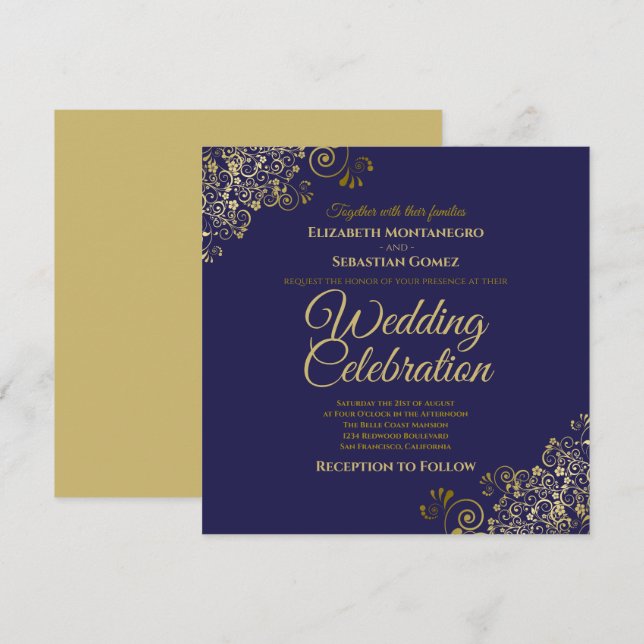 Invitación Oro en la marina simple Boda elegante cuadrado (Anverso / Reverso)
