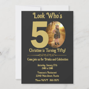 Invitación Oro en negro con foto 50 cumpleaños
