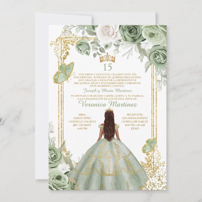 Invitación Oro español 15 años Sage Princesa Verde cumpleaños (Anverso)