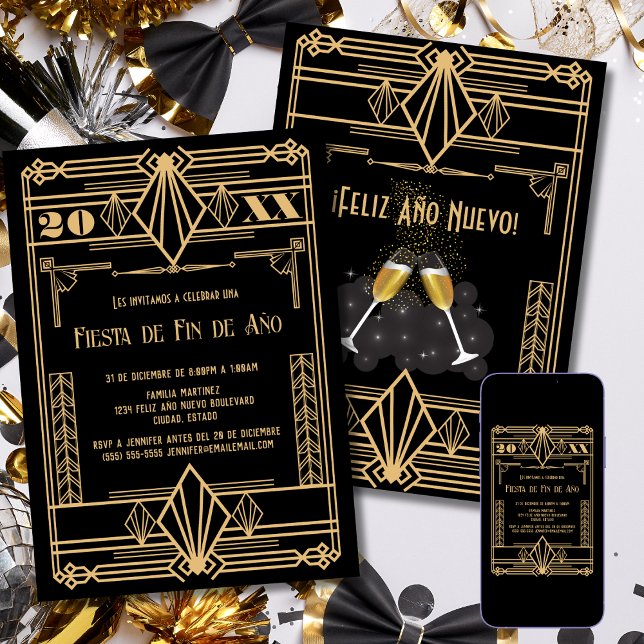 Invitación Oro español Art Deco Fiesta de Año Nuevo de 1920 (Subido por el creador)