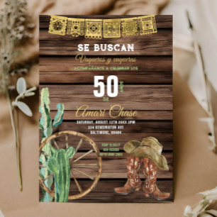 Invitación Oro Español Oeste Cowboy Birday Rustic Wood