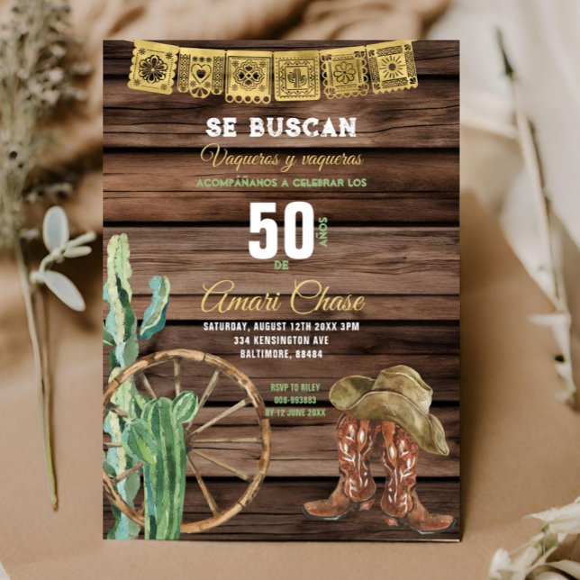 Invitación Oro Español Oeste Cowboy Birday Rustic Wood (Subido por el creador)