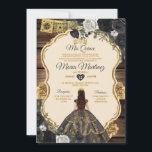 Invitación Oro español y madera floral negra Quiñceanera<br><div class="desc">Invitación Quiñceanera de la madera floral española de oro y negro Mi Quince 15 Anos,  Mariposa de cumpleaños 16.</div>