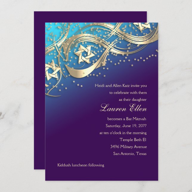 Invitación Oro Estrellas Confetti Florece Bat Mitzvah Turquoi (Anverso / Reverso)