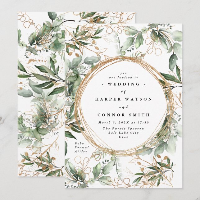 Invitación Oro Eucalipto Botánico Círculos Elegantes Cae (Anverso / Reverso)